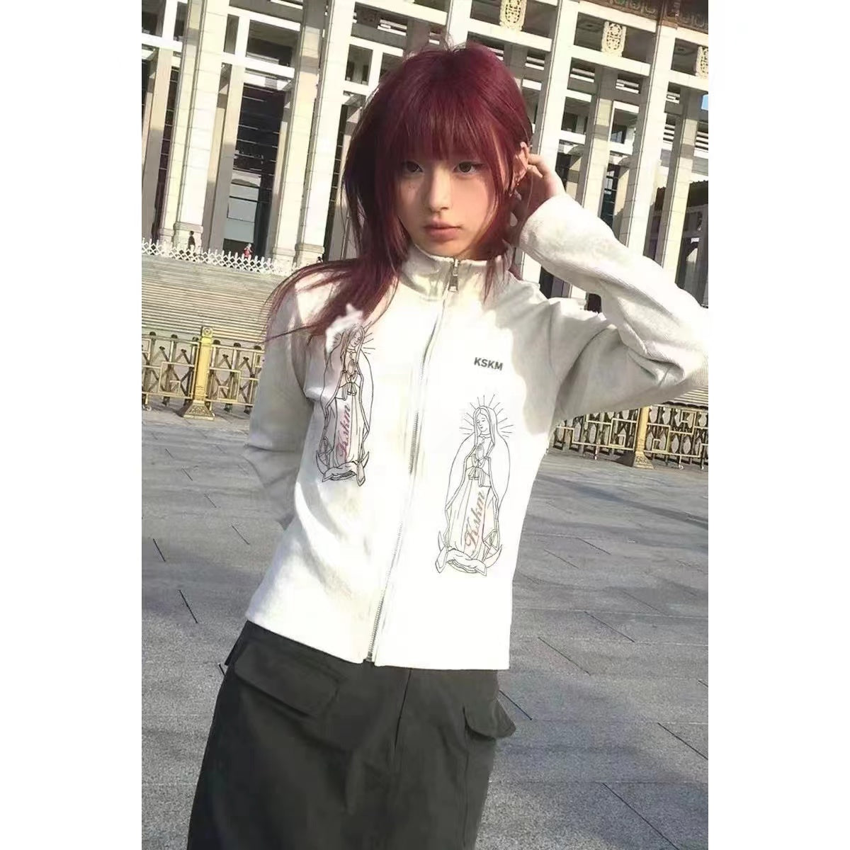 White Stand Collar Virgin Printed Sweater Women's Top