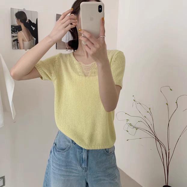 Fashionable Candy Color Gentle Hollow Out V-neck Short Sleeve