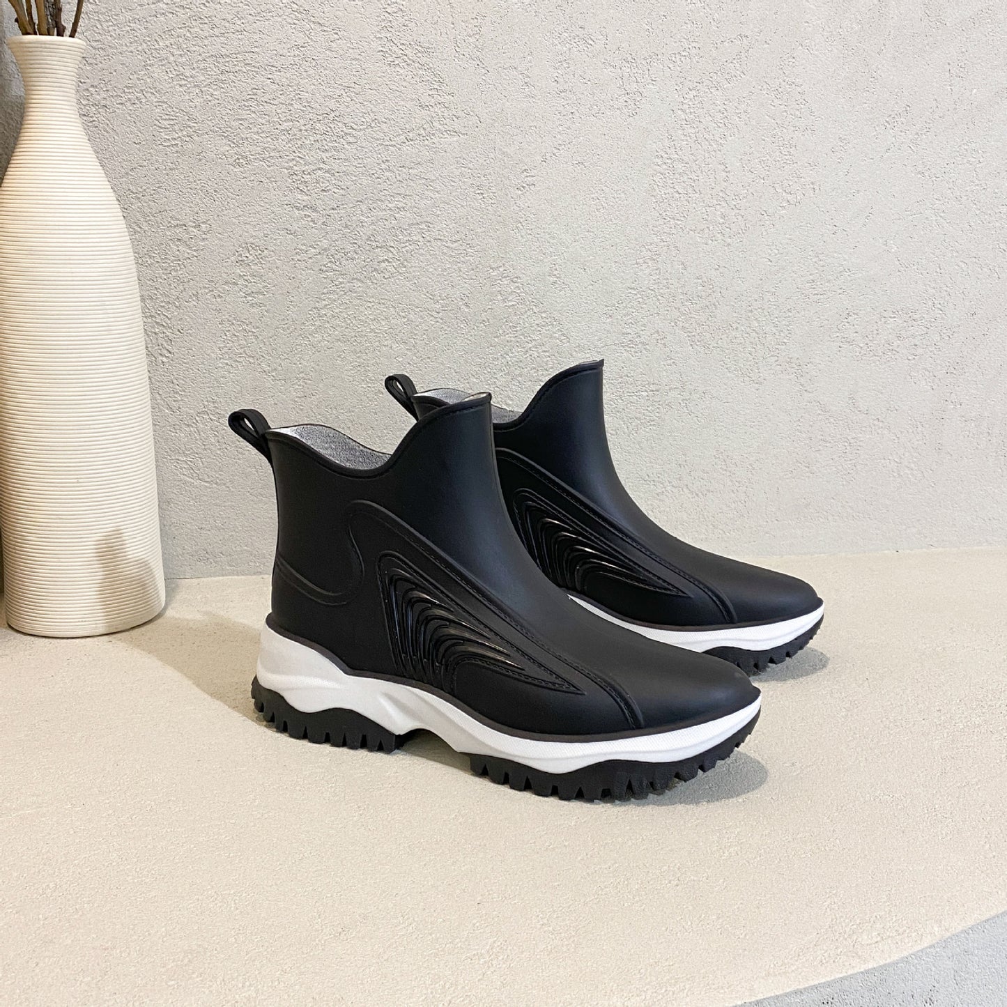 Fashion Color Blocking Thick Sole Low Top Women's Rain Boots