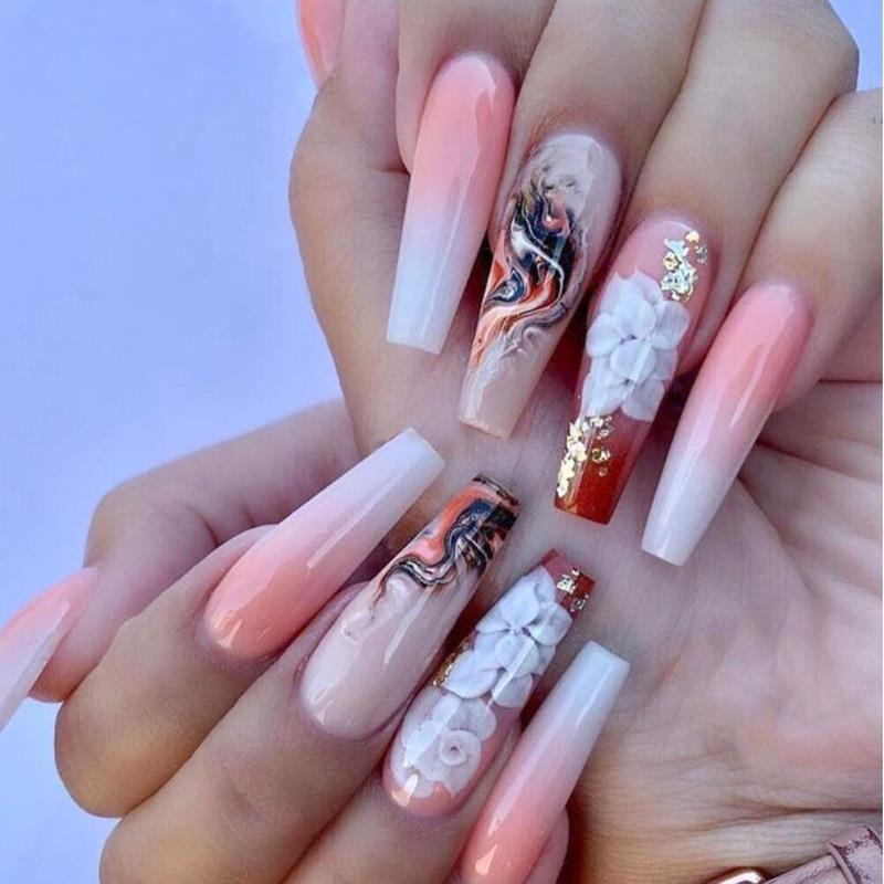Ultra-long Light White Glitter Camellia Trapezoidal Coffin Nail