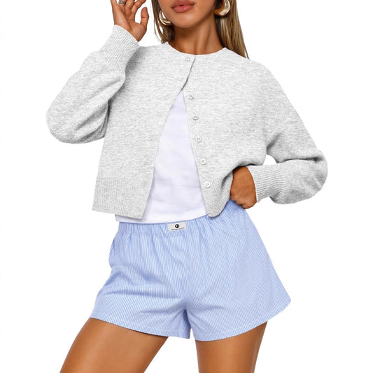 Strikket Cropped Langærmet Rundhalset Sweater med Knapper i Ensfarvet Design