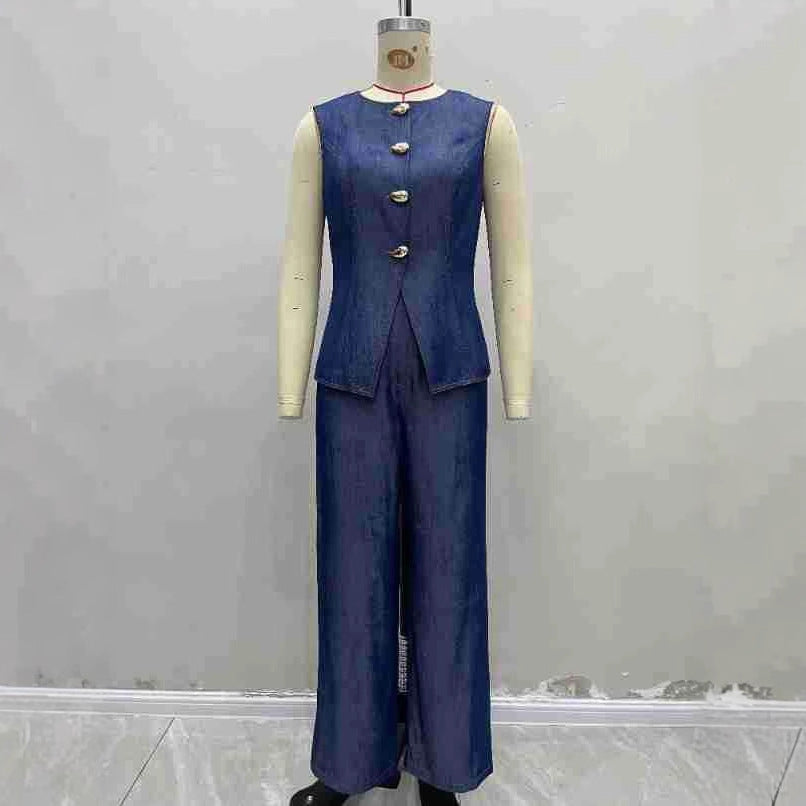 High-waisted Straight-leg Pants Two-piece Set With A Fitted Vest Top