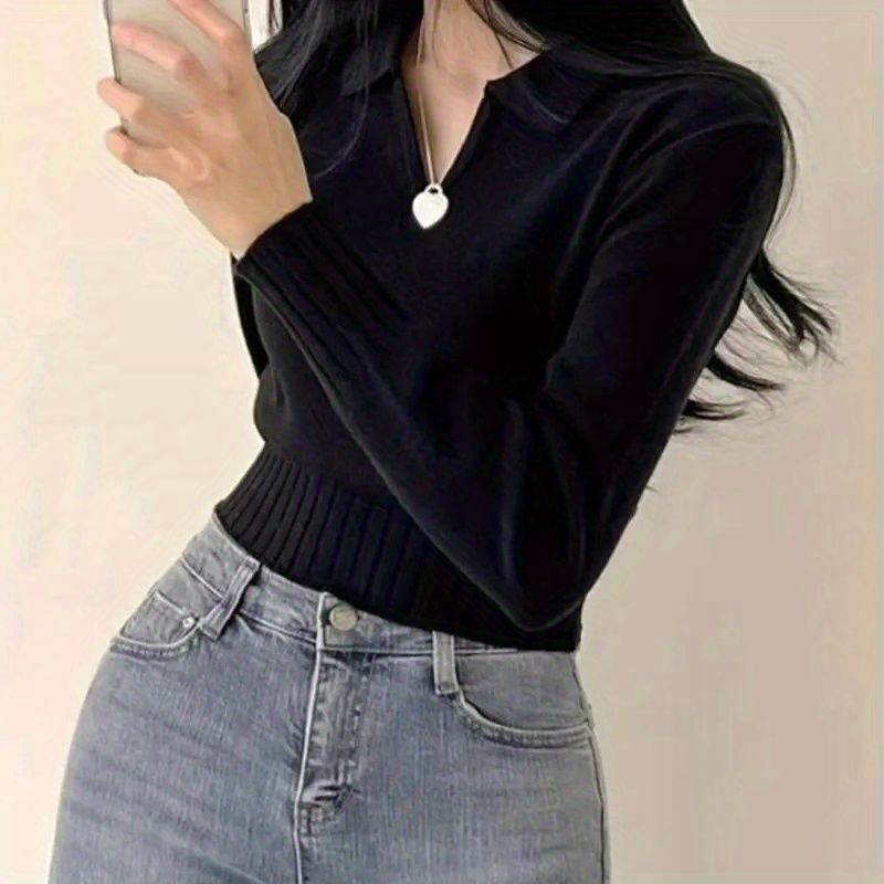 Korean Simple Slim Lapel Bottoming Knitted Sweater