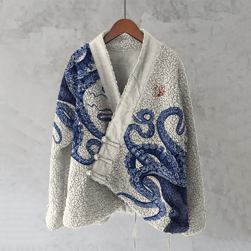 Womens Printed Kimono Cardigan Fleece Jacket Fashionable Womens Outerwear