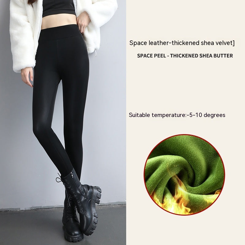 PU Fleece-lined High Waist Slimming Windproof Waterproof Leggings