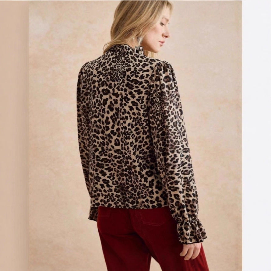 New Womens Casual Leopard-print Stand-collar Long-sleeve Cardigan Shirt