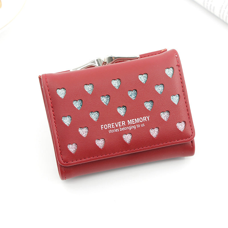 Womens Three-Fold Wallet With Hollowed-Out Heart Design