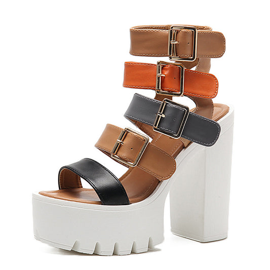 Colorblock Roman Fish Mouth Chunky Heel Platform High Heels