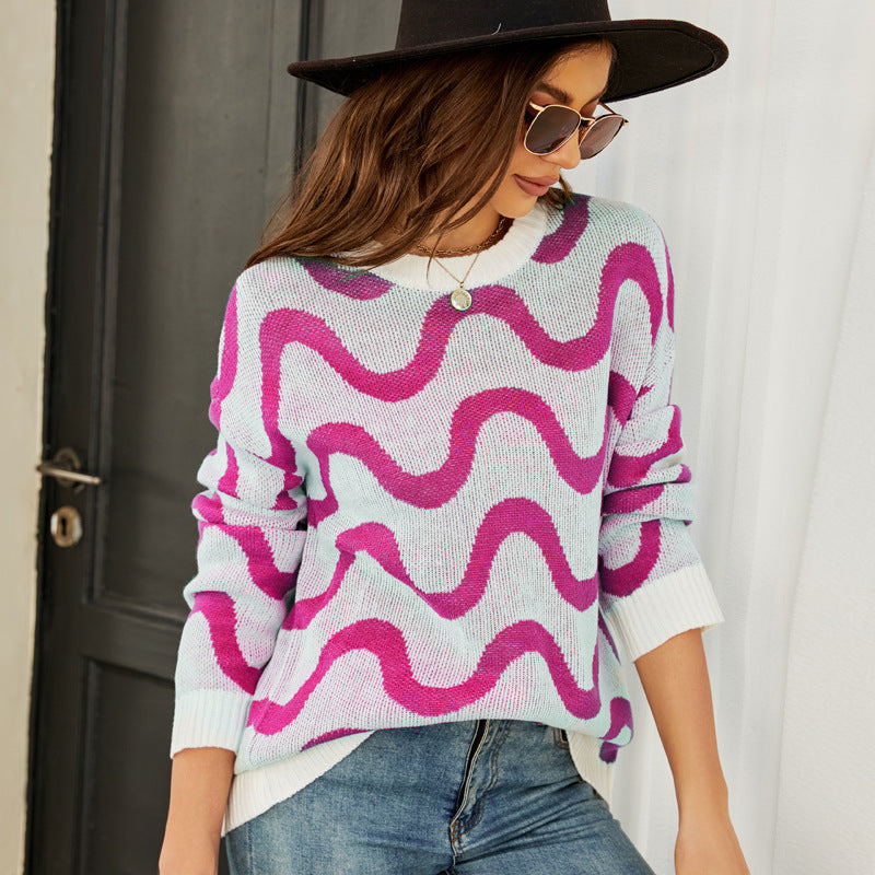 Loose-fitting Casual Round-neck Wave Brocade Sweater