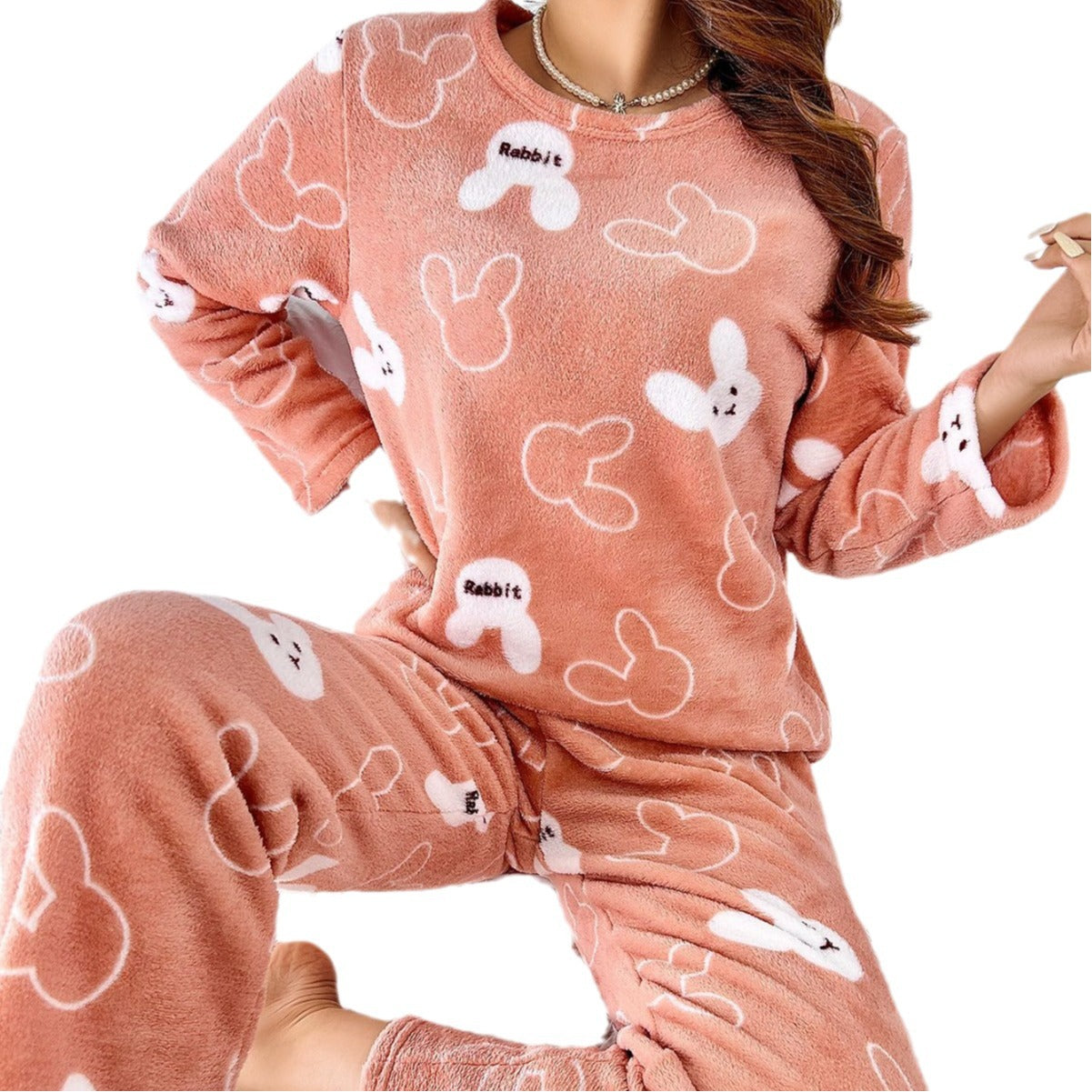 Womens Flannel Cartoon Rabbit-Print Long-Sleeve Pajama Set With Long Pants