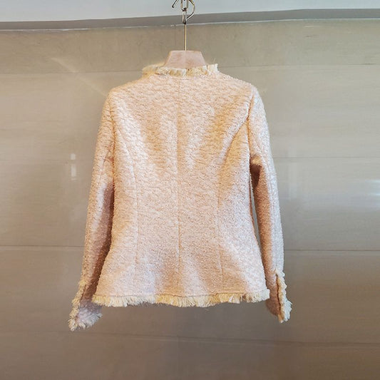 Cappotto in tweed sottile con frange in lana per donna autunno e inverno
