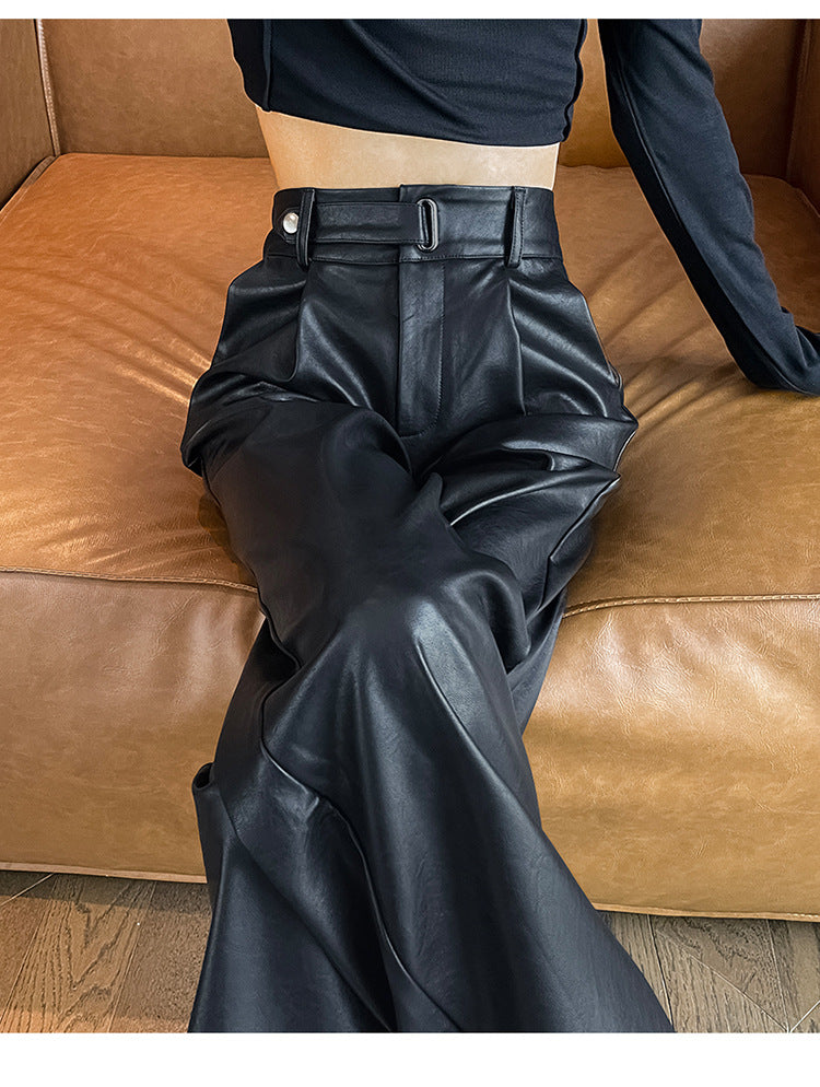 Black Matte Straight Leather Wide-leg Pants High Waist Drooping Slimming Off Pants