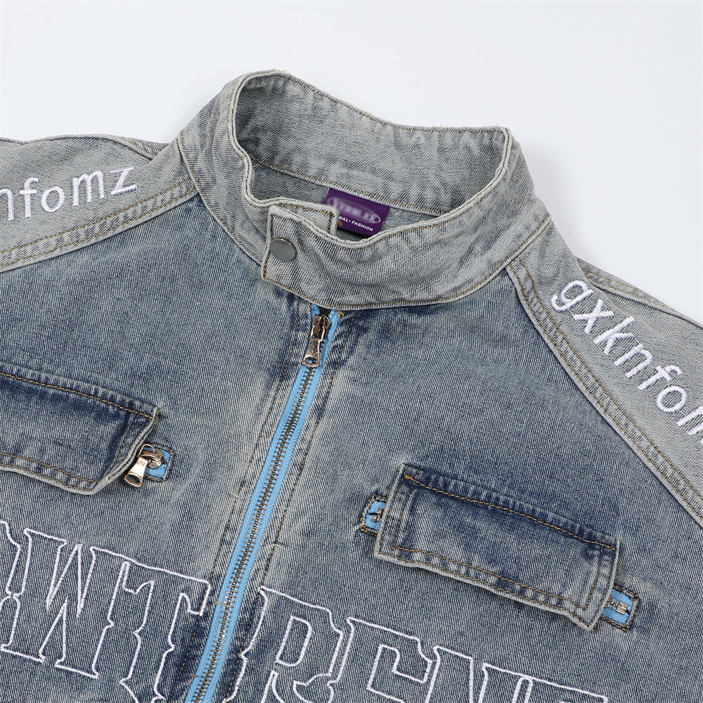 Men's Stitching Embroidered Letters Washed And Worn Zipper Denim Coat Fashion