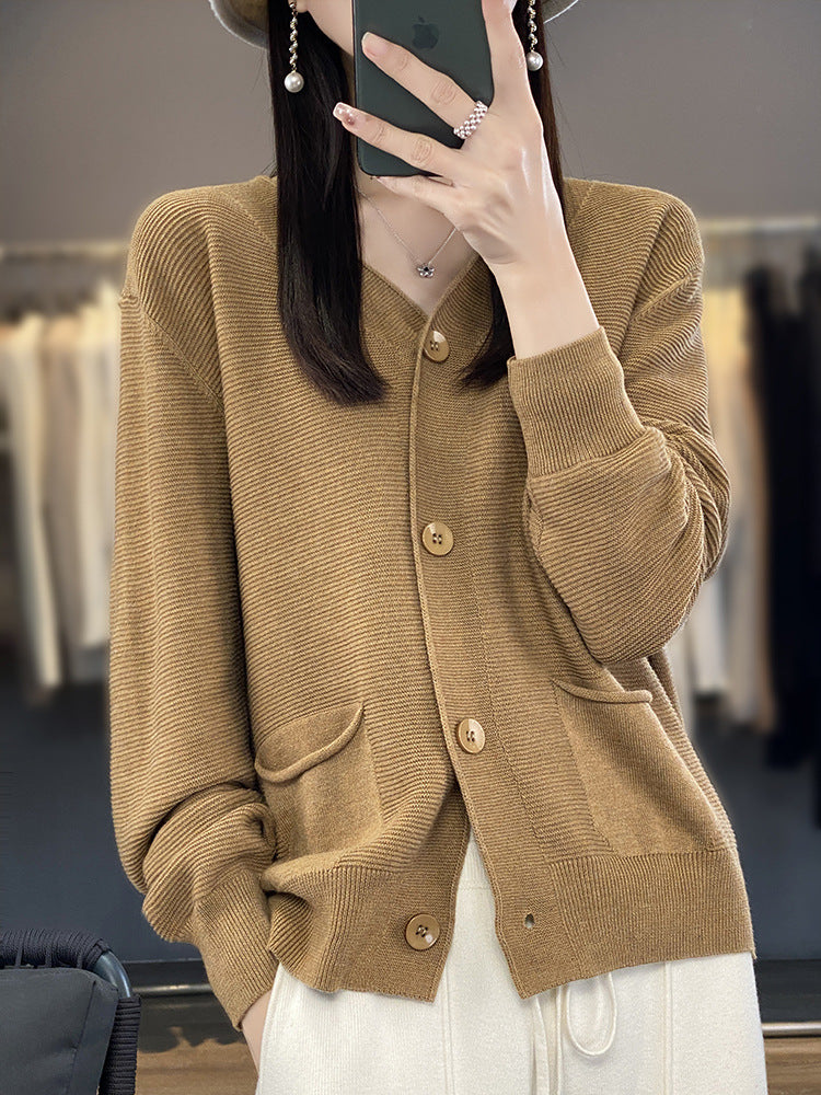 V-neck Solid Color Double Pocket Buckle 100 Cotton Thread Long Sleeve Lazy And Loose Casual Spring Knitted Cardigan For Women