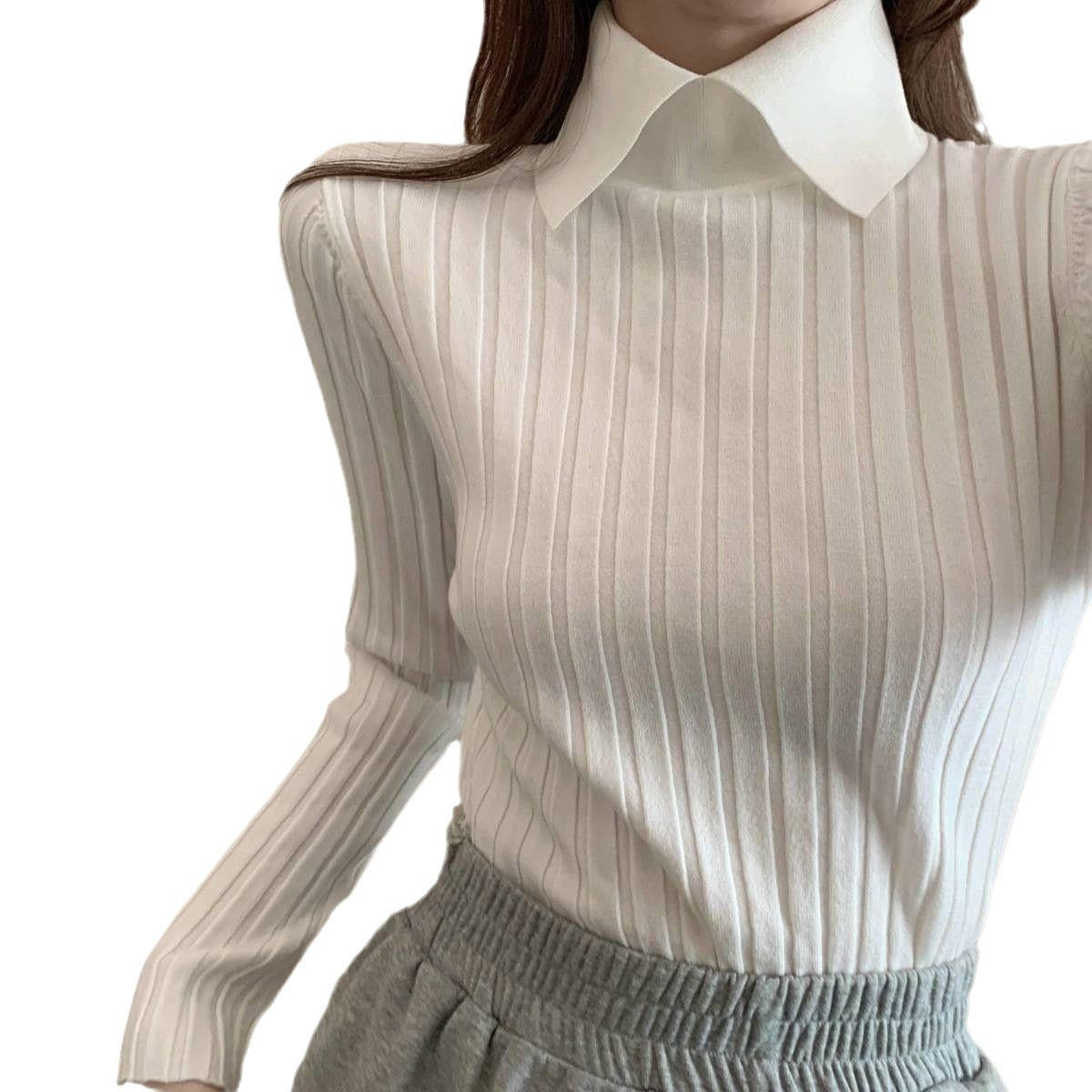Early Autumn Winter Thread Sunken Stripe Slim Fit Pullover Inner Wear Knitted Bottoming Shirt Lapel Long Sleeve Sweater