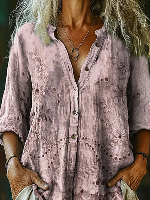 Women's Vintage Floral Texture Print Casual Cotton And Linen Shirt