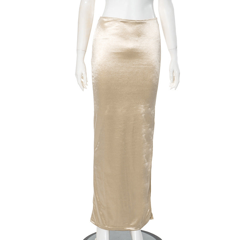 Summer European And American Draping Satin Multicolor Mid-length High Waist Sheath Skirt