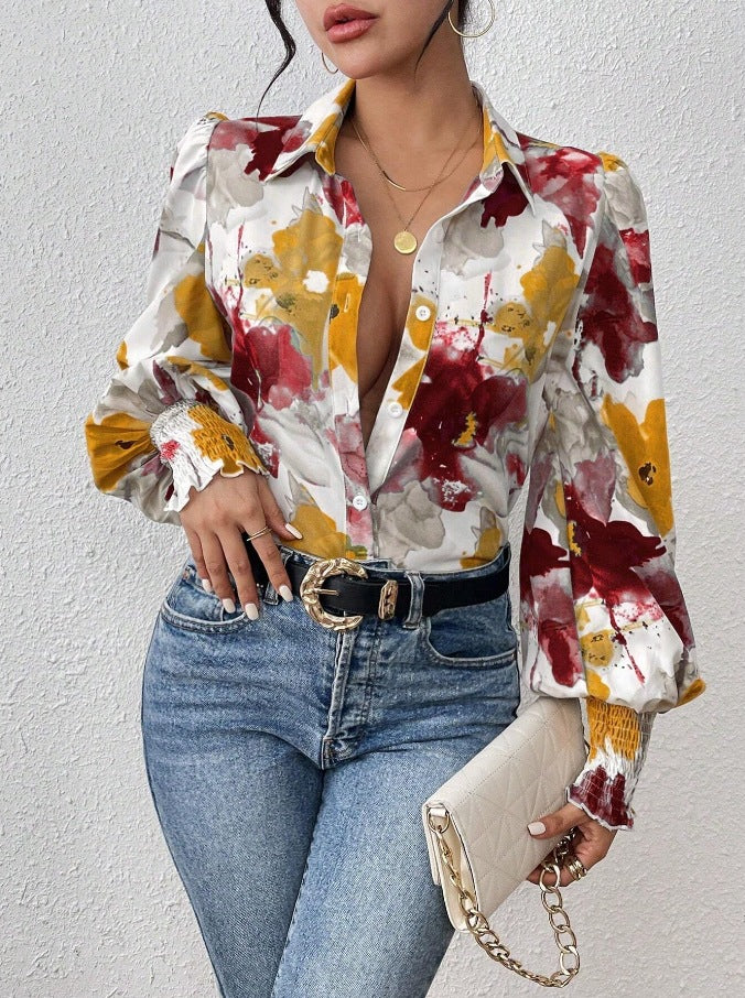 European And American Lapel Print Smocking Long Sleeve Button Loose Casual Women's Shirt
