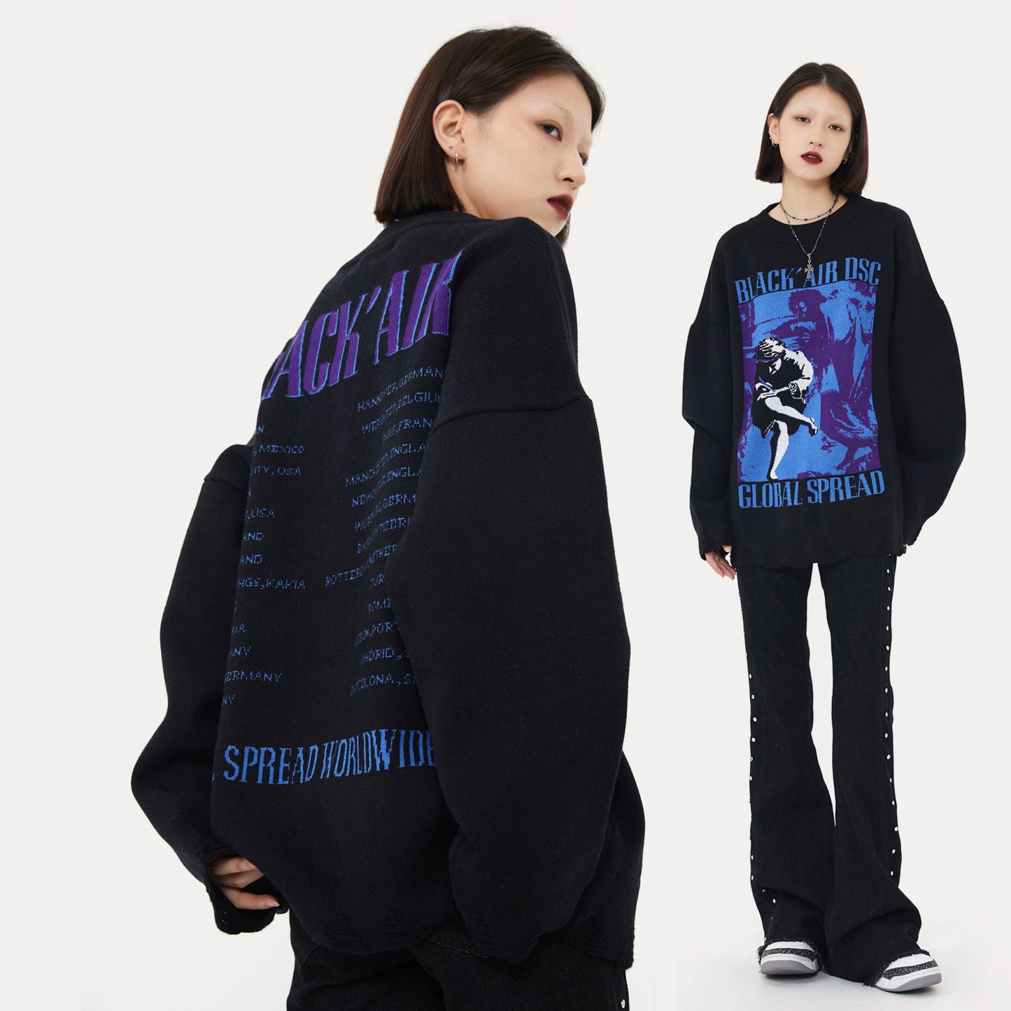 Sweater Wormhole Destruction American Street Sweater Retro Black
