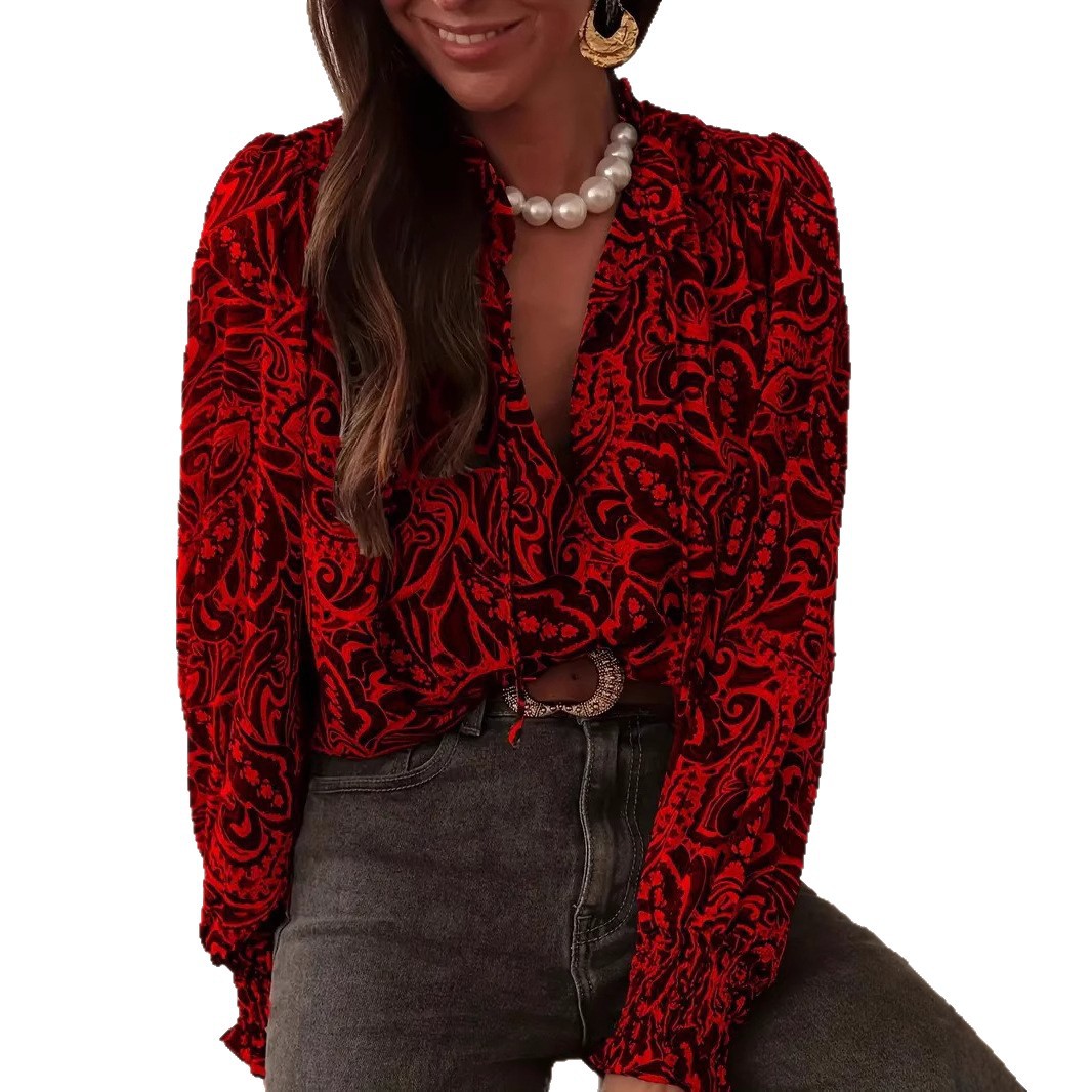 Retro Print Long Sleeve Shirred Loose Shirt For Women