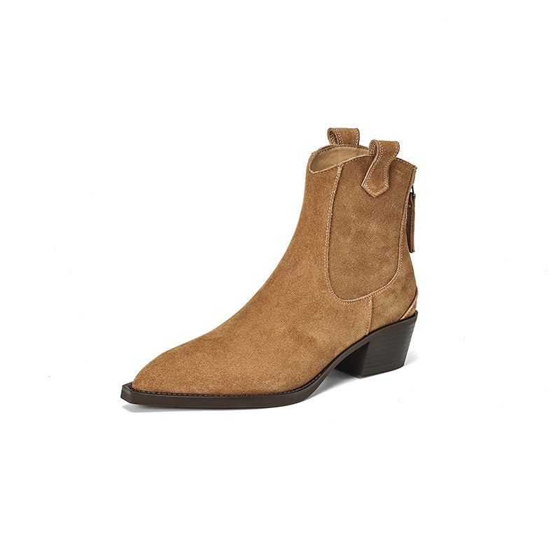 Pointed Toe Chunky Heel Back Zip Short Boots Women's
