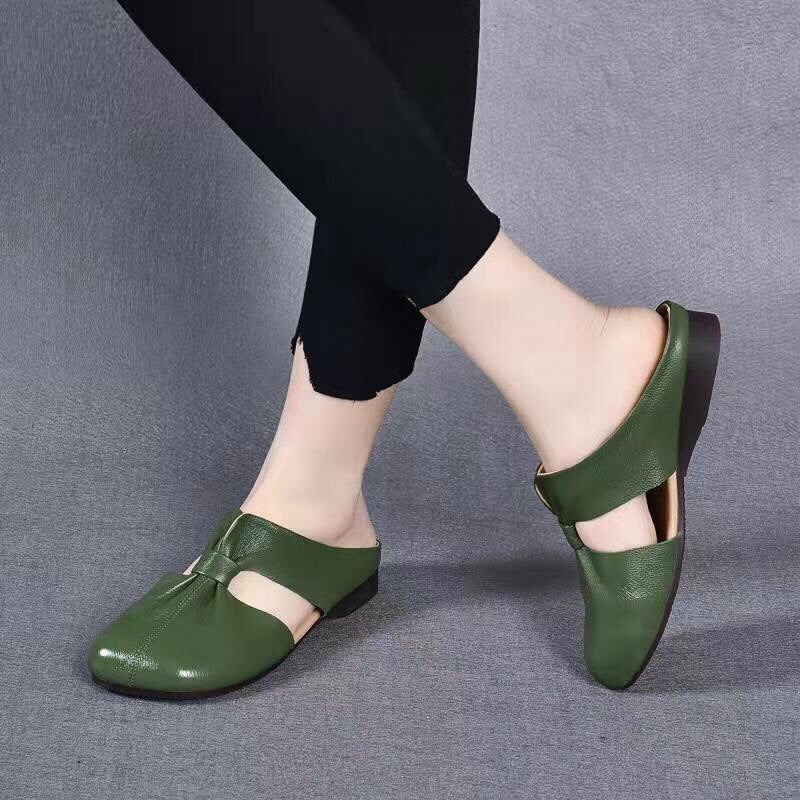 Soft Leather Bottom Square Bow Women's Slippers