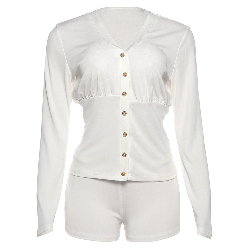 Sexy V-Neck Long-Sleeve Top And High-Waist Shorts Casual Set For Women