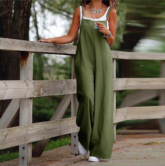 Fashion Casual Women's Pocket Cotton Linen Sleeveless Jumpsuit