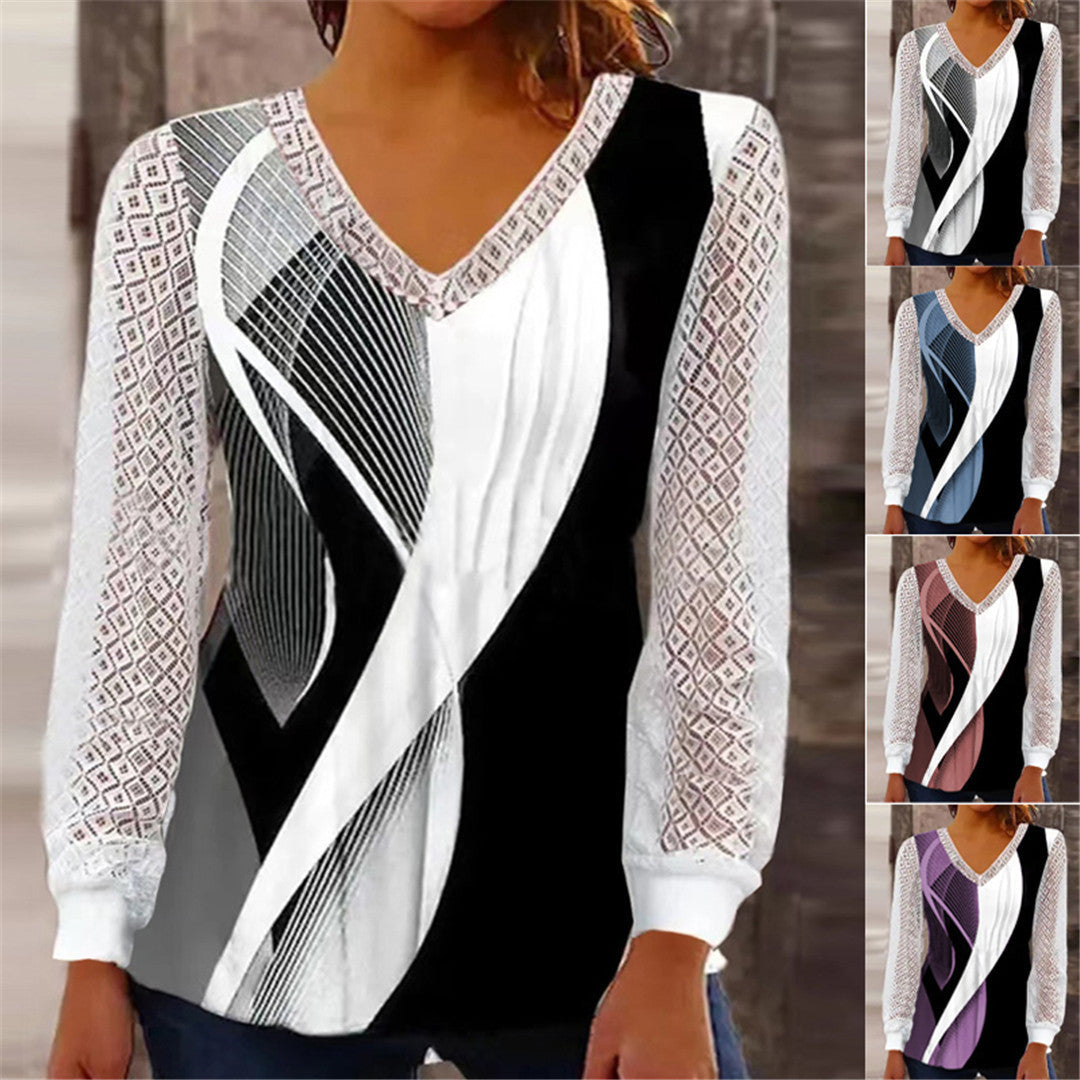 V-neck Loose Print Hollow-out Lace Tops