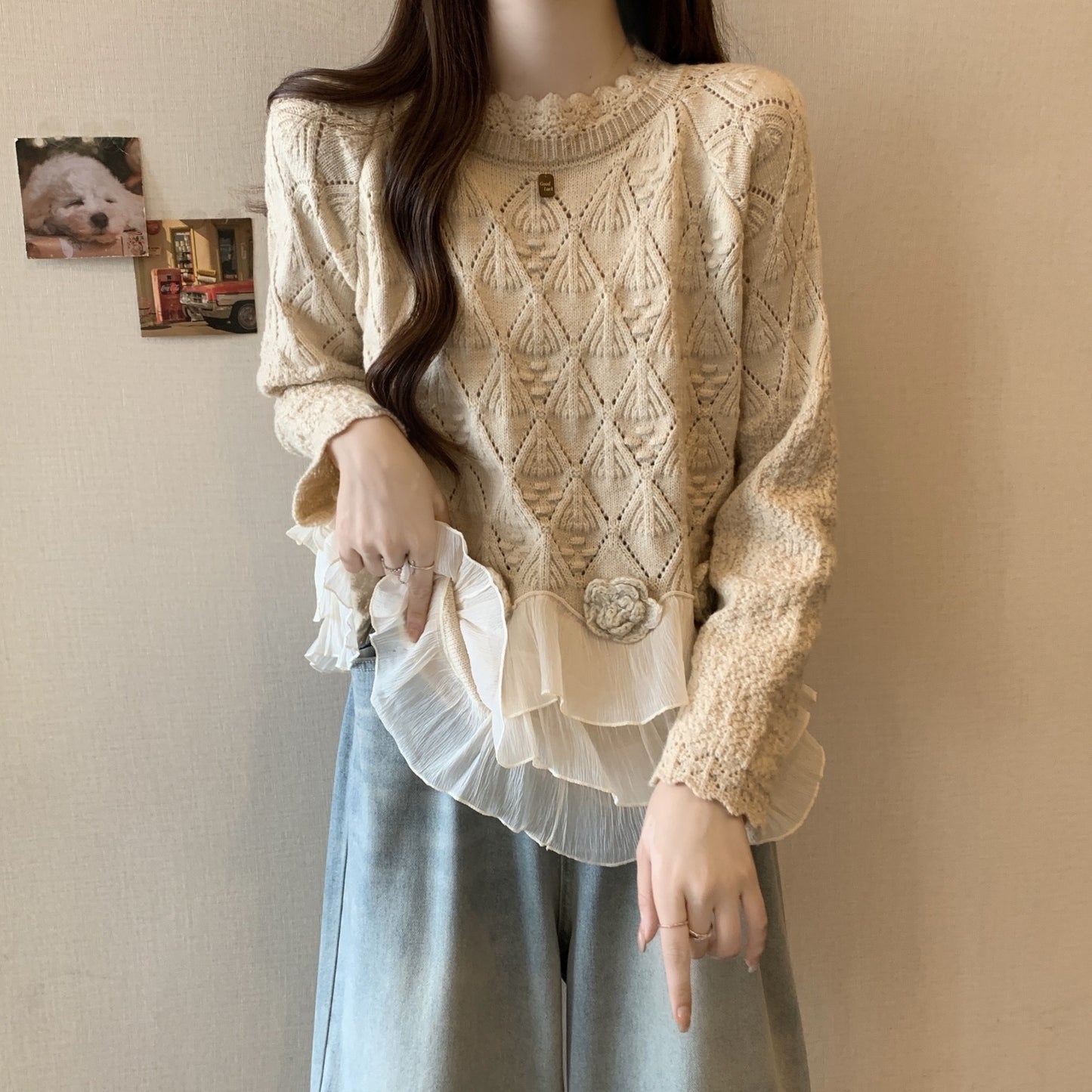 Women's Casual Loose Slimming Rose Lace Edge Sweater