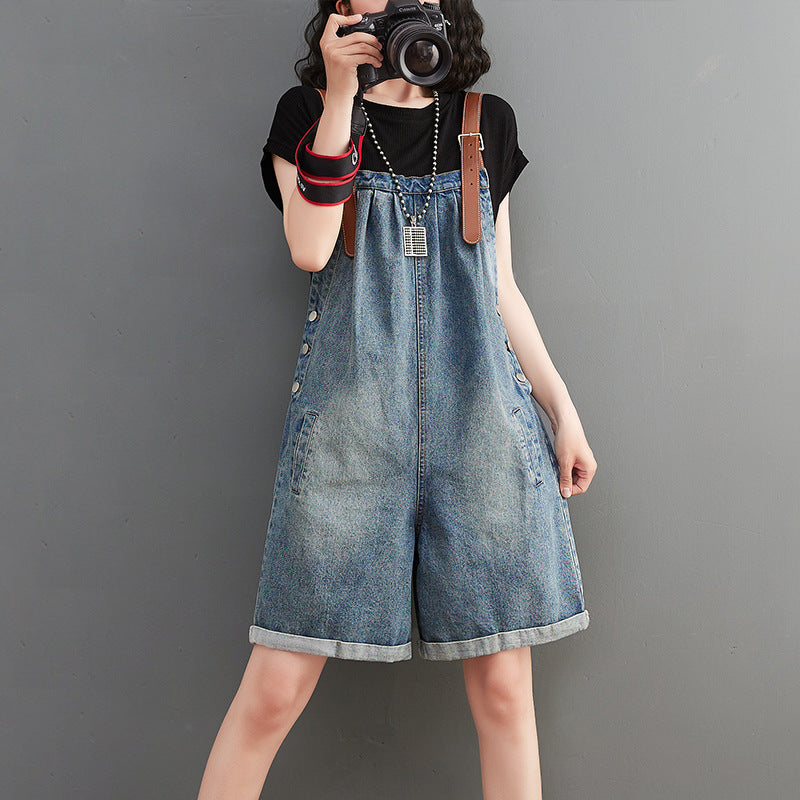 Korean Version Of The New Fat Sister Summer Contrast Color Shoulder Strap Denim Overalls 5 Points