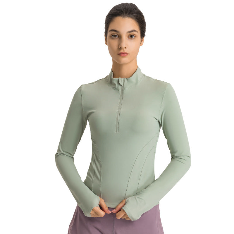 Double-sided Nylon Half Zipped Stand Collar Yoga Jacket Women's Stretch Tight-fitting Cinched Slimming Sports Jacket