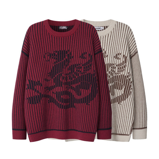 Vintage Vertical Stripes Contrast Color Jacquard Knitted Long Sleeve