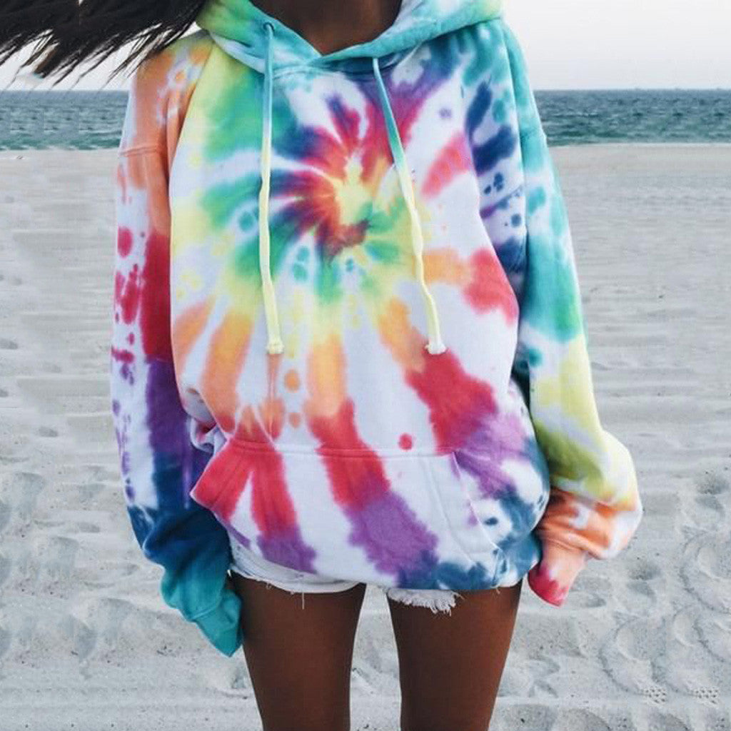 Dame løs tie-dye printet hættetrøje med lange ærmer