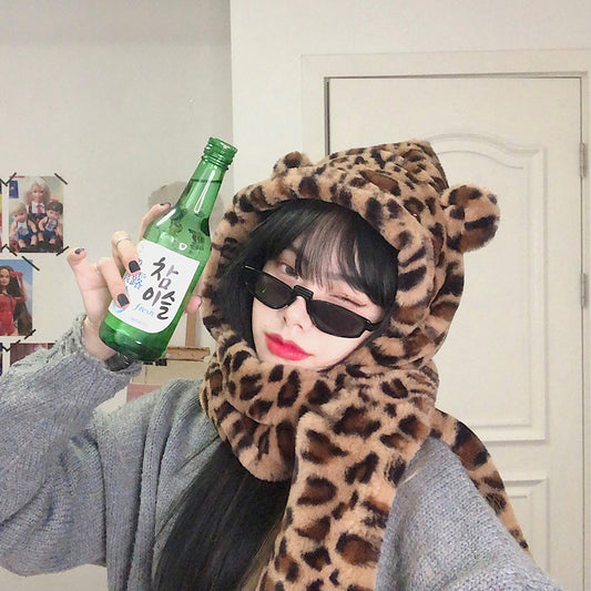 Bear Ear Hat Scarf All-in-one Warm Keeping Leopard Hat