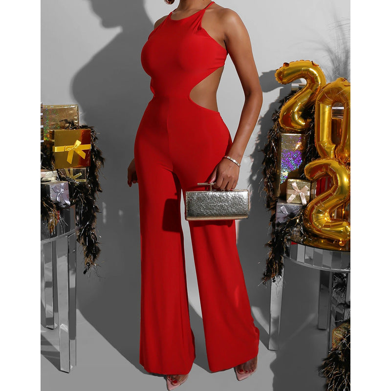 Women's Solid Color Sleeveless Back Mid Length Jumpsuit