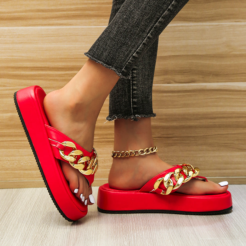 Chain Slippers Summer Fashion Thong Sandals Flip Flops Sponge Cake Platform Large Size Herringbone Shoes
