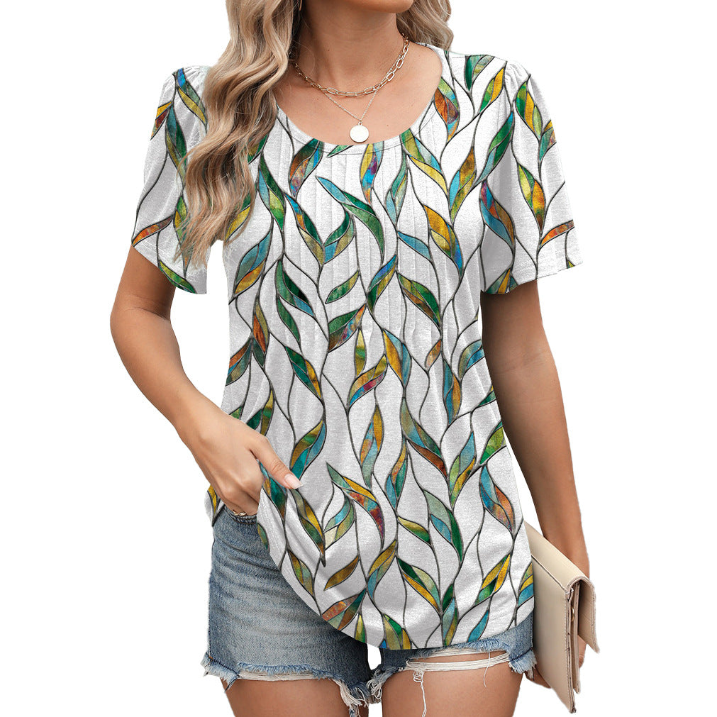 New Springsummer Womens Loose-fitting Short-sleeve Crew-neck T-shirt With A Striped Design And Print