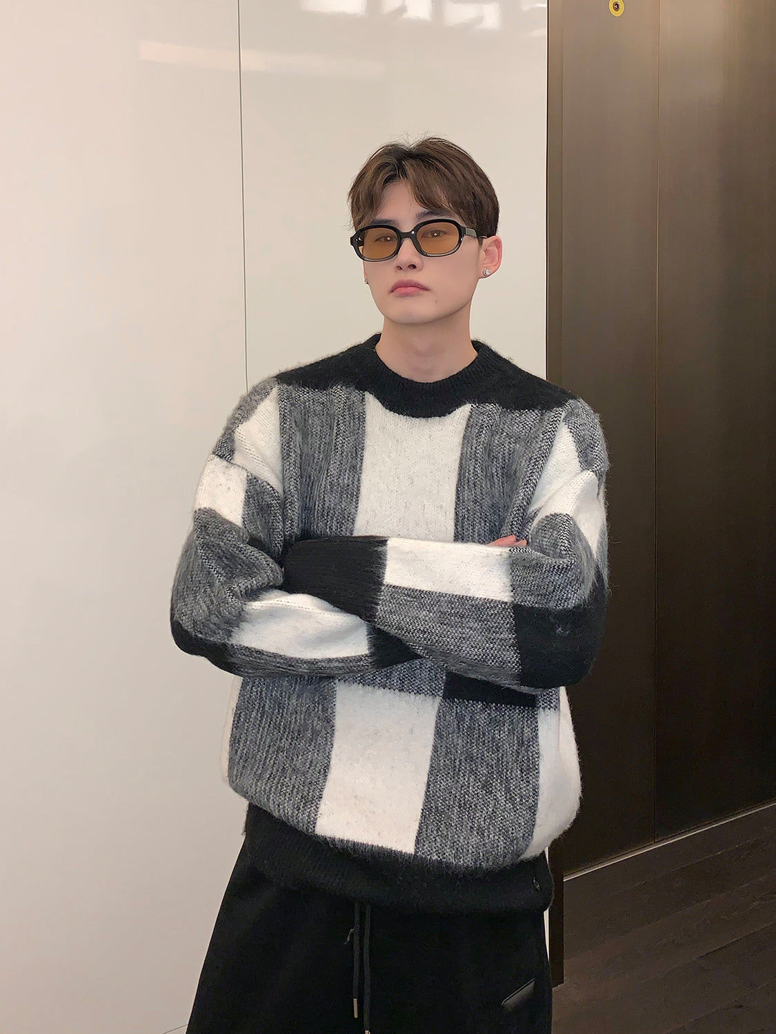 Plaid Color Contrast Crewneck Sweater Men Loose Winter Niche Fashion