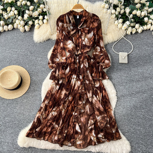 V-Neck Lace-Up Waist-Fitted Printed Chiffon Dress For Women
