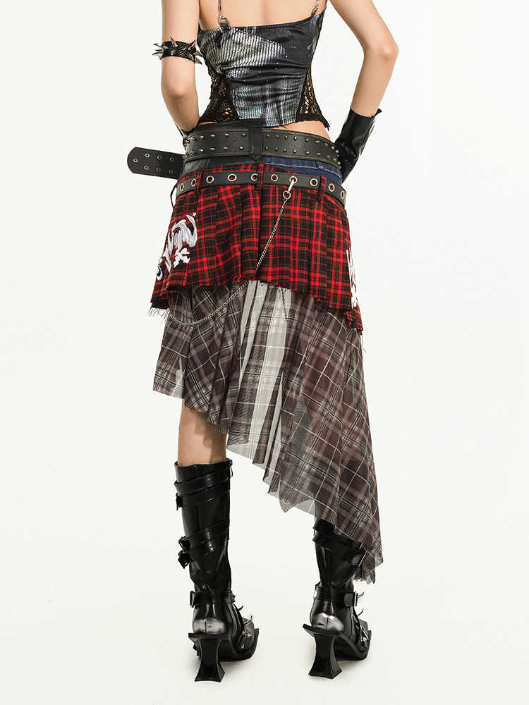 Women's Two Belt Plaid Girdle Skirt
