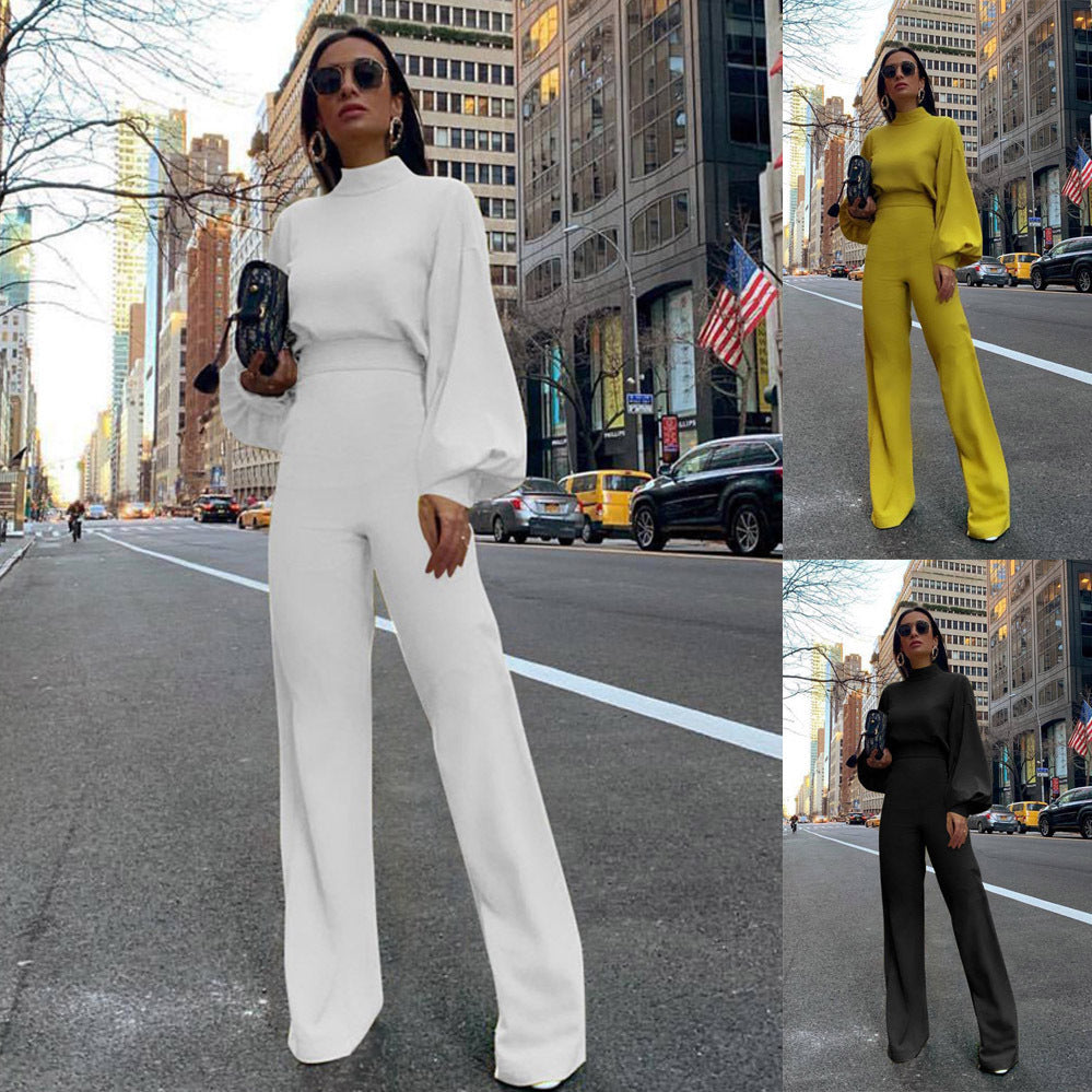 Women's Casual Pants Solid Color Turtleneck Backless Long Sleeve Jumpsuit