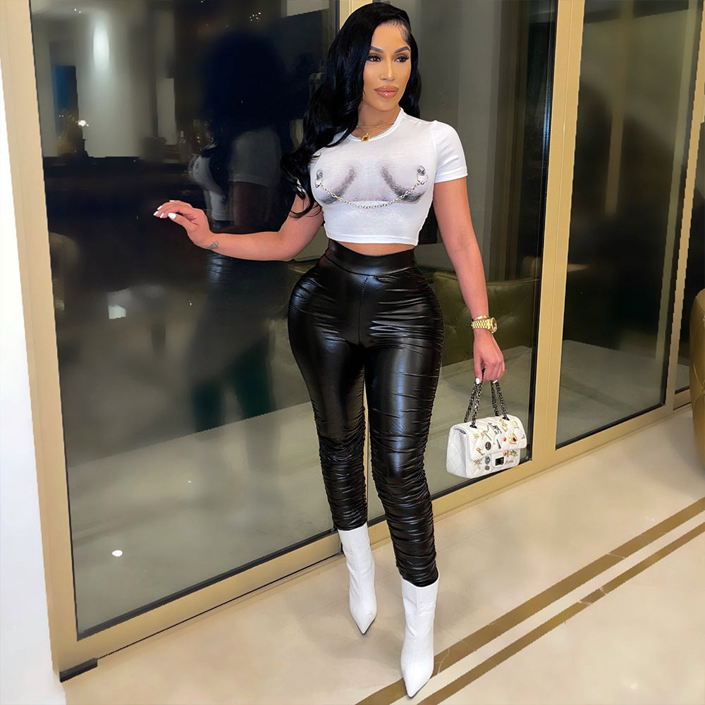 Skinny Pleated Pu Leather Pants Trousers