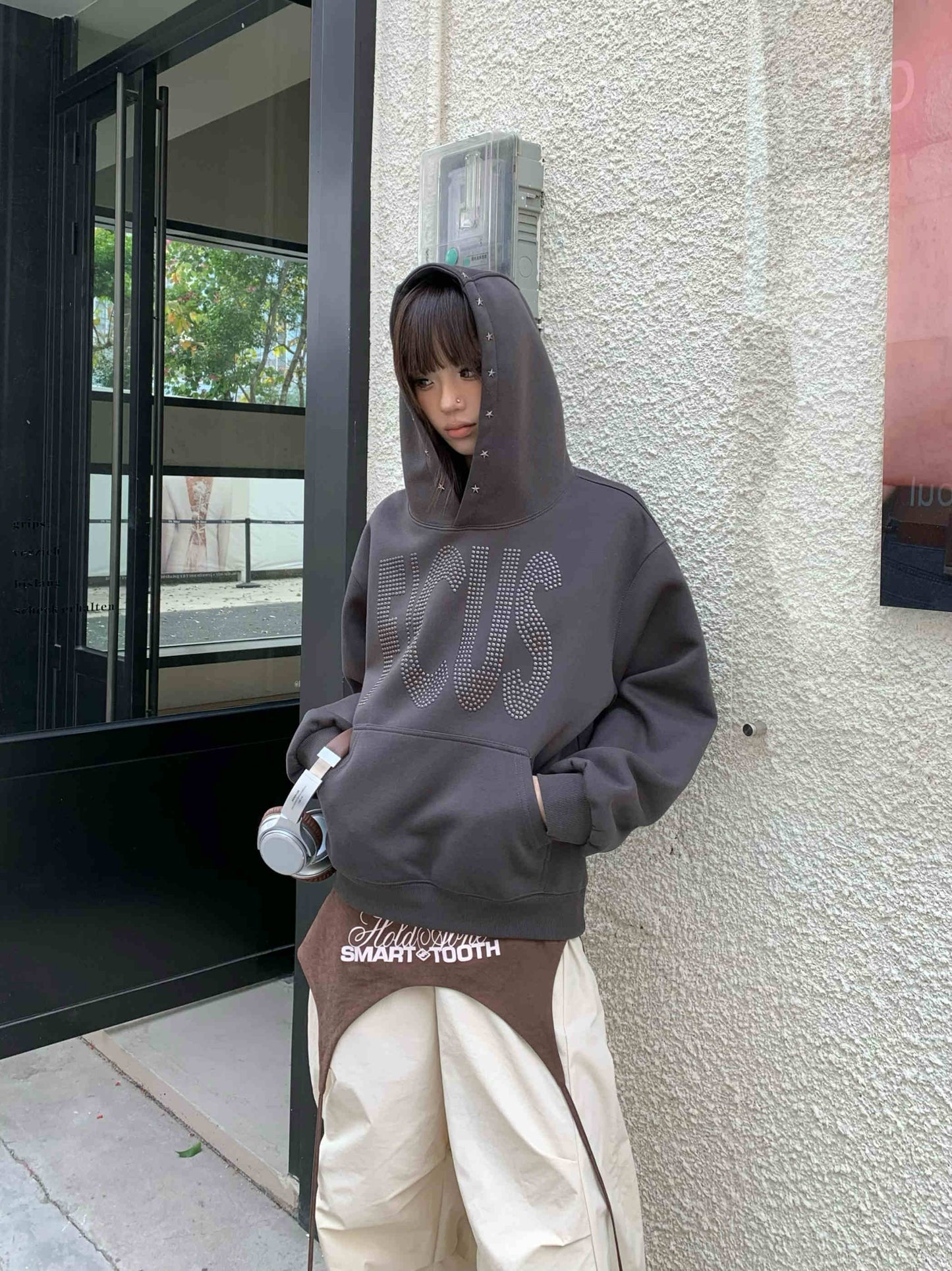 Par Rhinestone Letter Hooded Kort Sweater