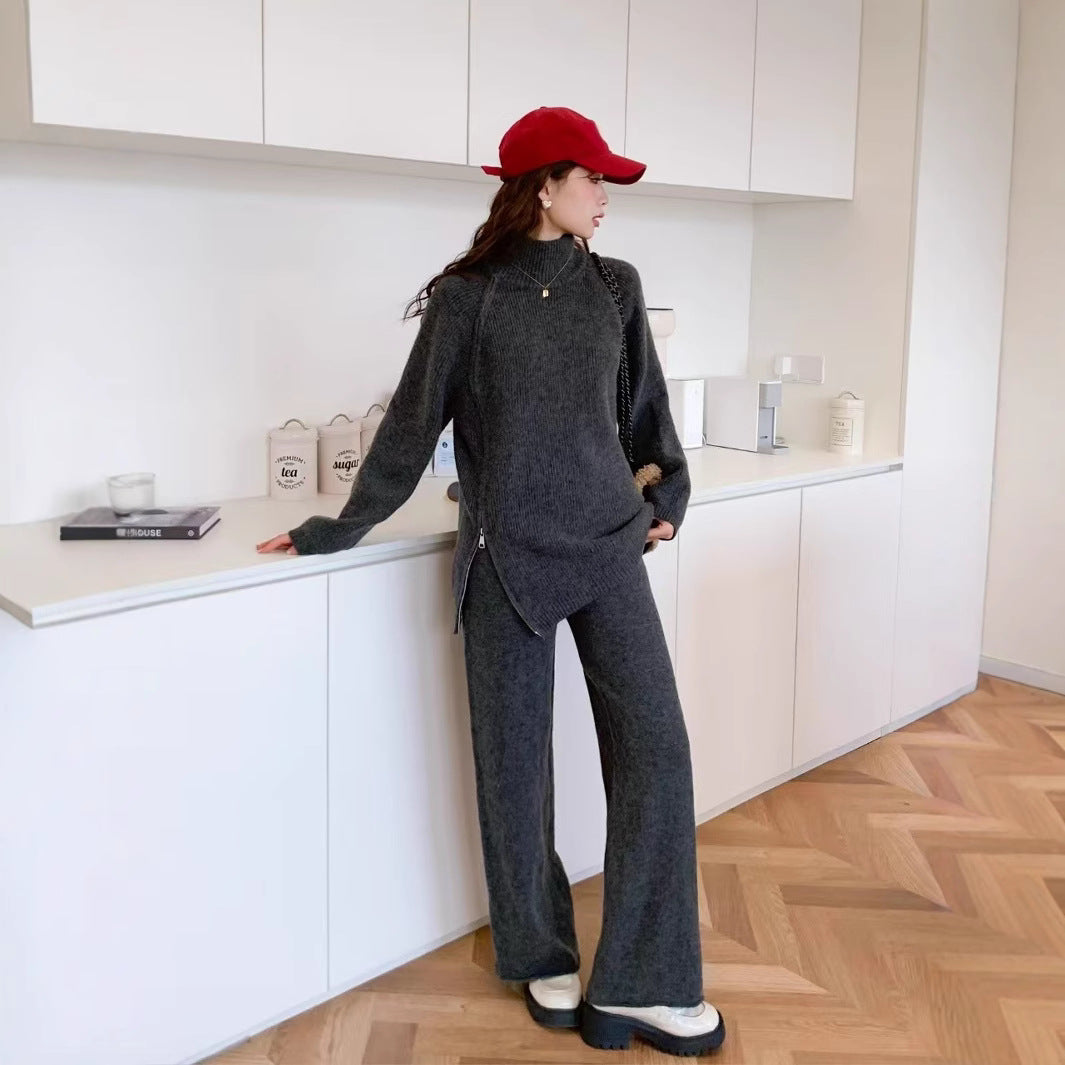 Women's Loose All-matching Pullover Knitted Wide-leg Pants Two-piece Suit