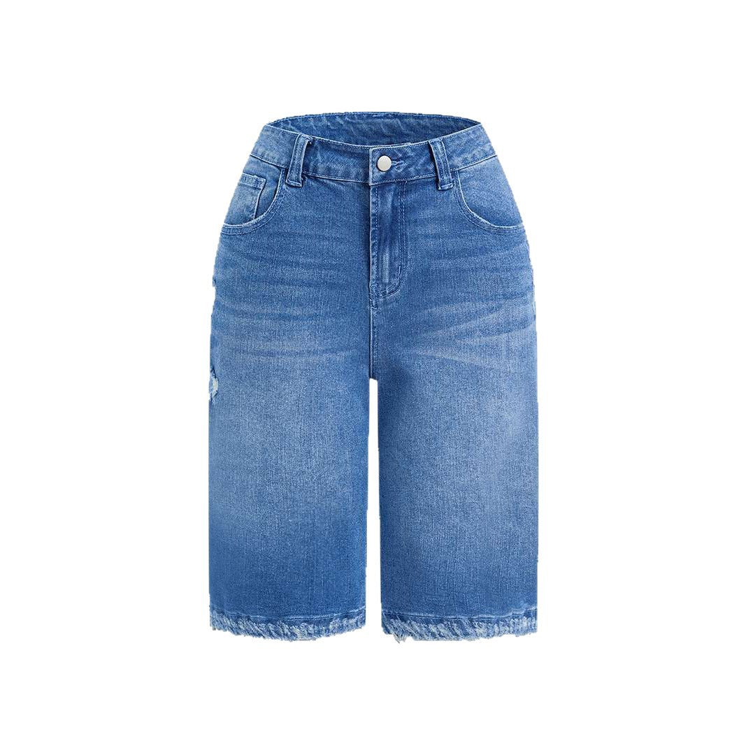 Ripped Denim Shorts With Raw Edges