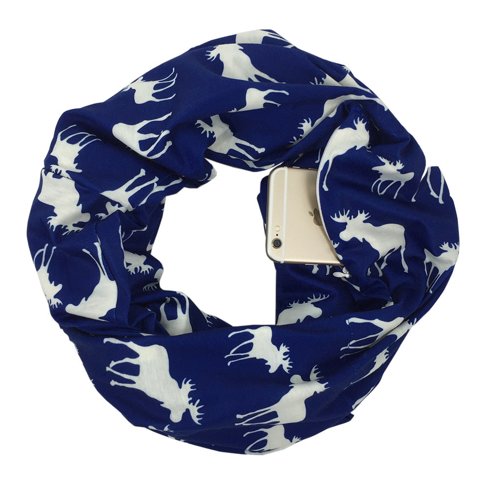 Christmas Themed Elk Print Zipper Pocket Scarf