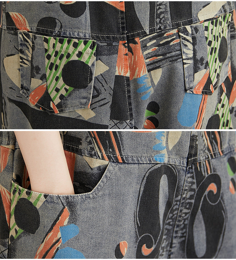 Summer Printed Denim Suspenders For Women