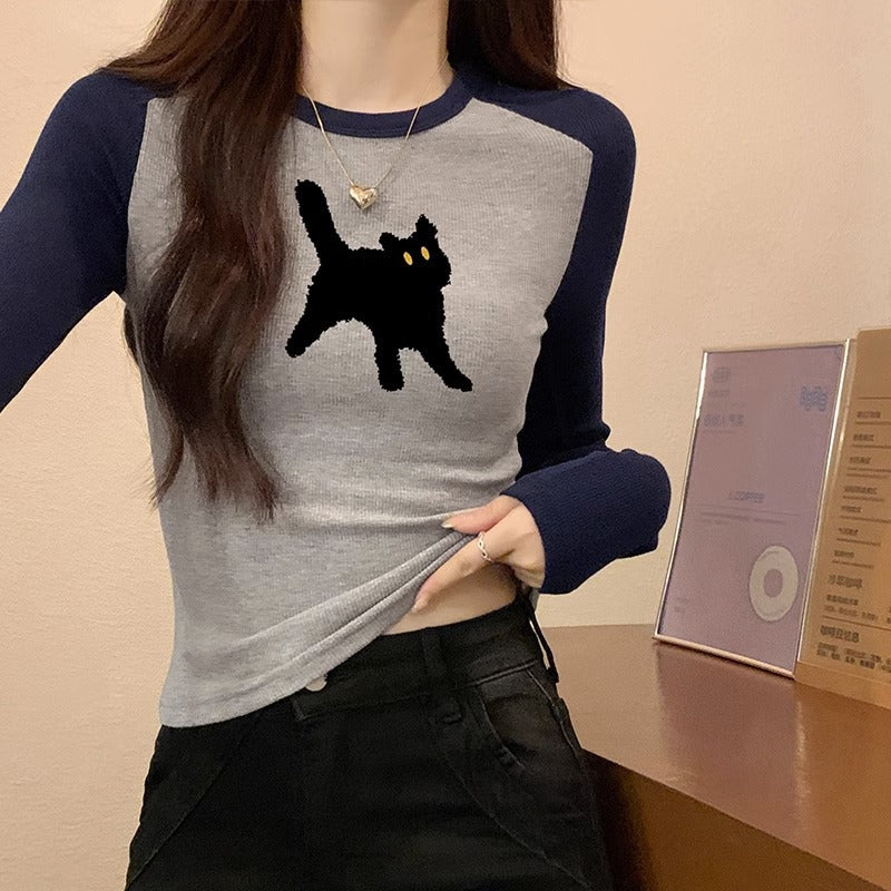 Women's Long-sleeved T-shirt Early Autumn Printed Design Color Contrast Bottoming Shirt Top