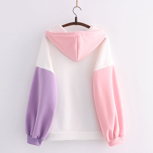 Women's Colorblock Large Pocket Print Hooded Fleece Sweatshirt